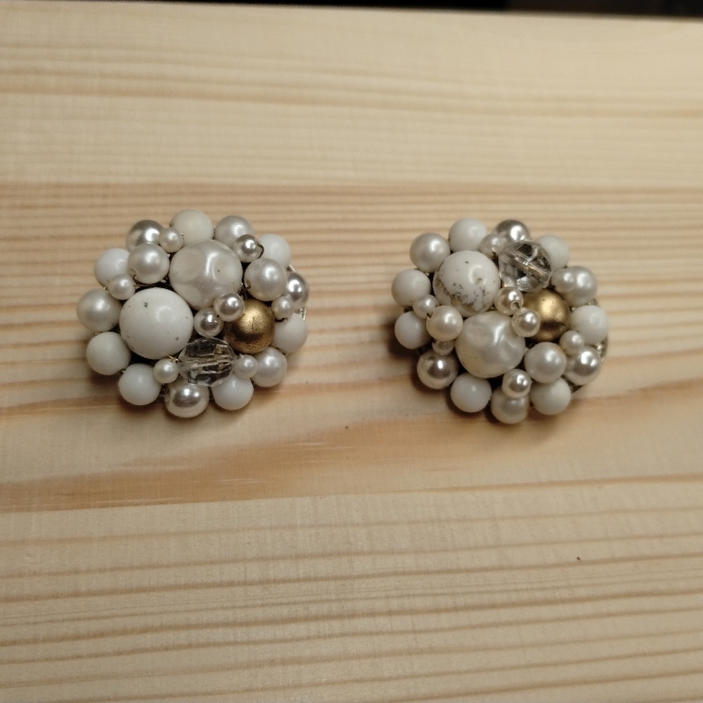 Vintage Estate Elegant White and Gold Cluster Clip On Earrings